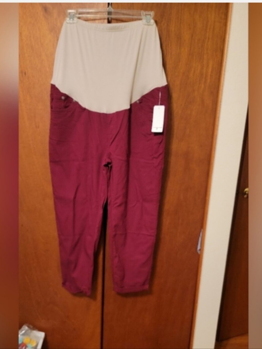Maternity Straight-Leg Jeans in Burgundy and Cream